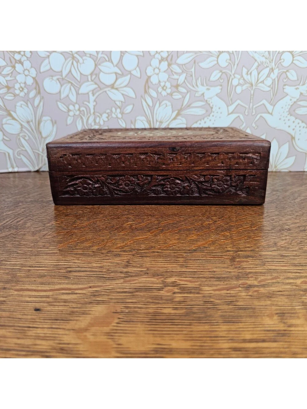 Vintage Nirmal India Hand Carved Wood Jewelry Box Floral Inlay 10